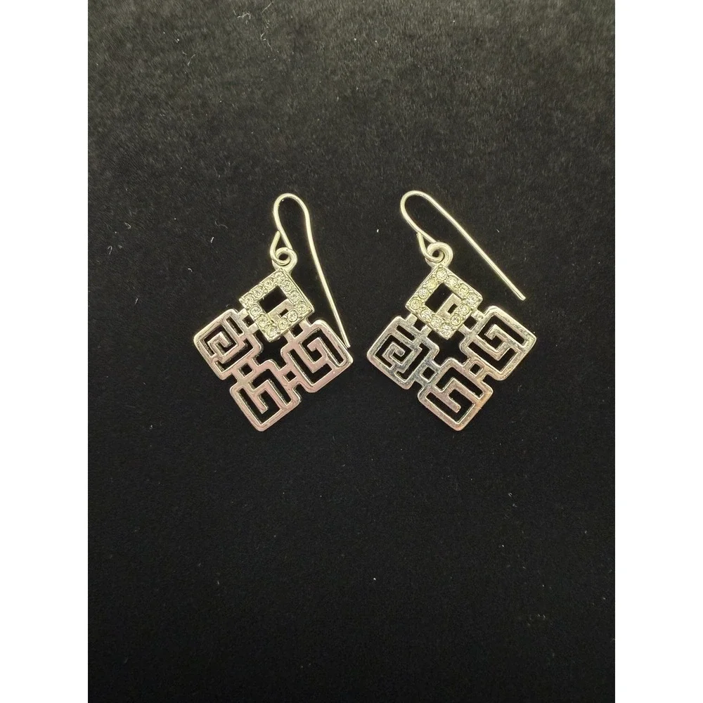 Greek Key French Wire Dangle Earrings Silver Plate And Pave Crystals